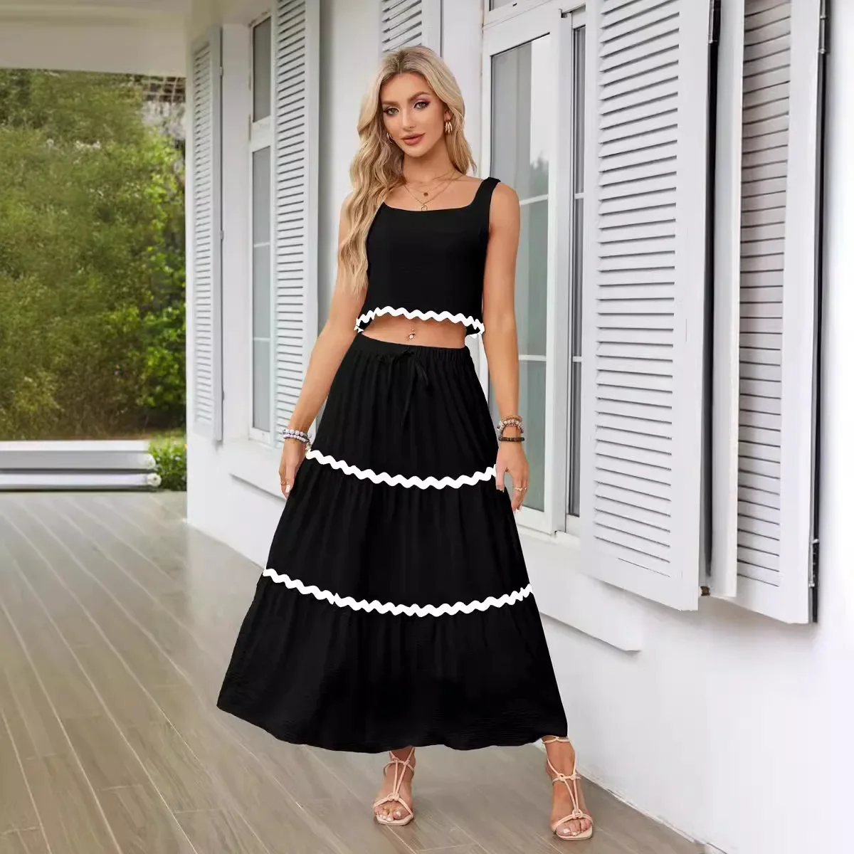 Nuevo en conjuntos a juego, traje de playa de 2 piezas de verano para mujer, camiseta sin mangas recortada informal, conjunto de falda larga de cintura alta, conjunto de dos piezas