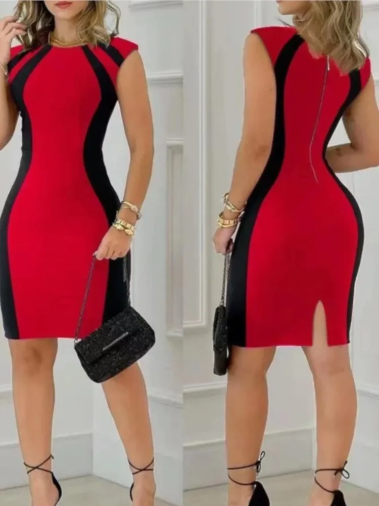 Women Fashion Round Neck Sleeveless Bodycon Zipper Mini Dress New Summer Colorblock Back Split Party Lady Slim Pencil Dresses