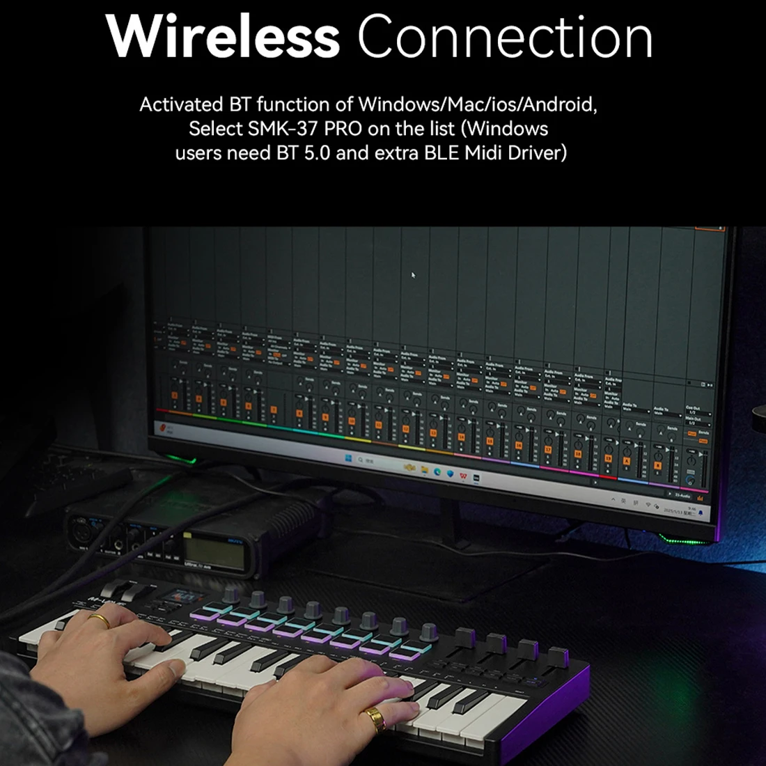 وحدة تحكم PRO 37-Key USB MIDI مع 16 وسادة RGB و8 مقابض تدعم تشغيل البرنامج لجهاز Windows MAC IOS Android