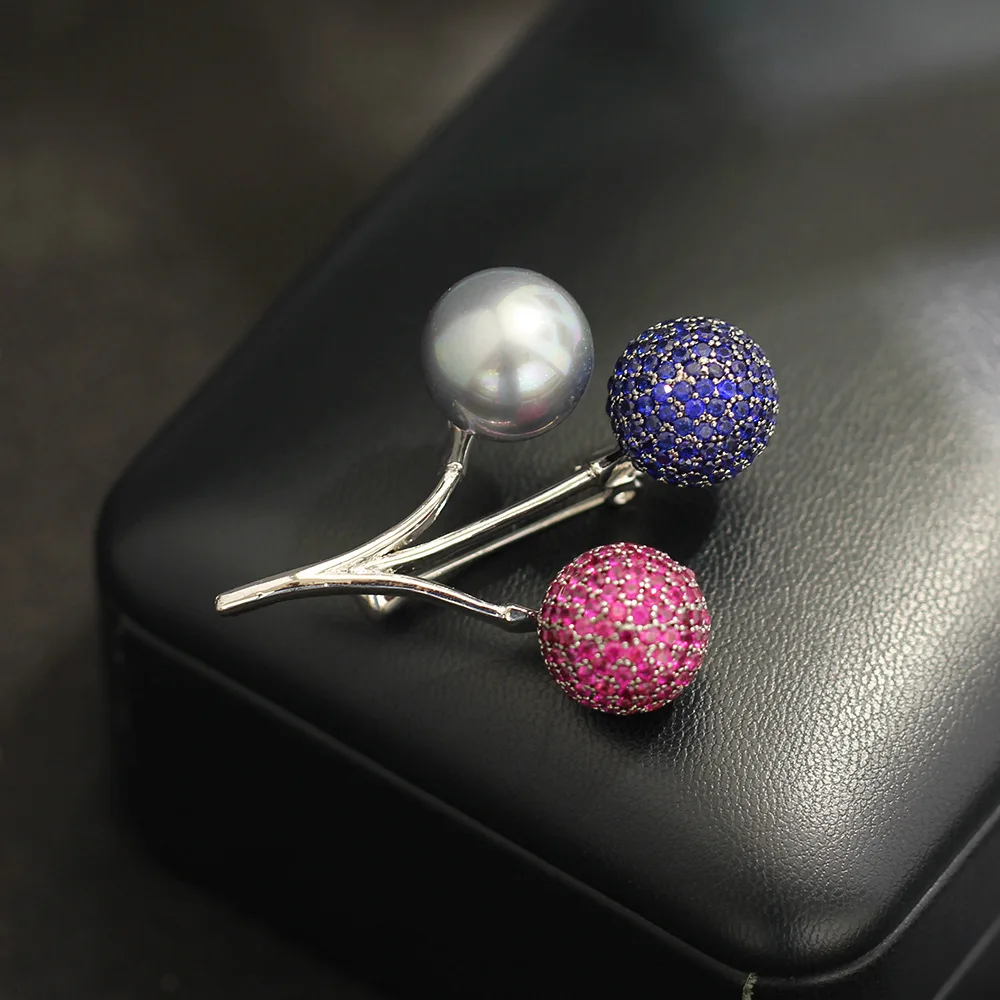 High-end Micro-inlaid Zircon Tri Color Ball Elegant Pearl Brooch Light Luxury Design Suit Coat Temperament Accessory Pin