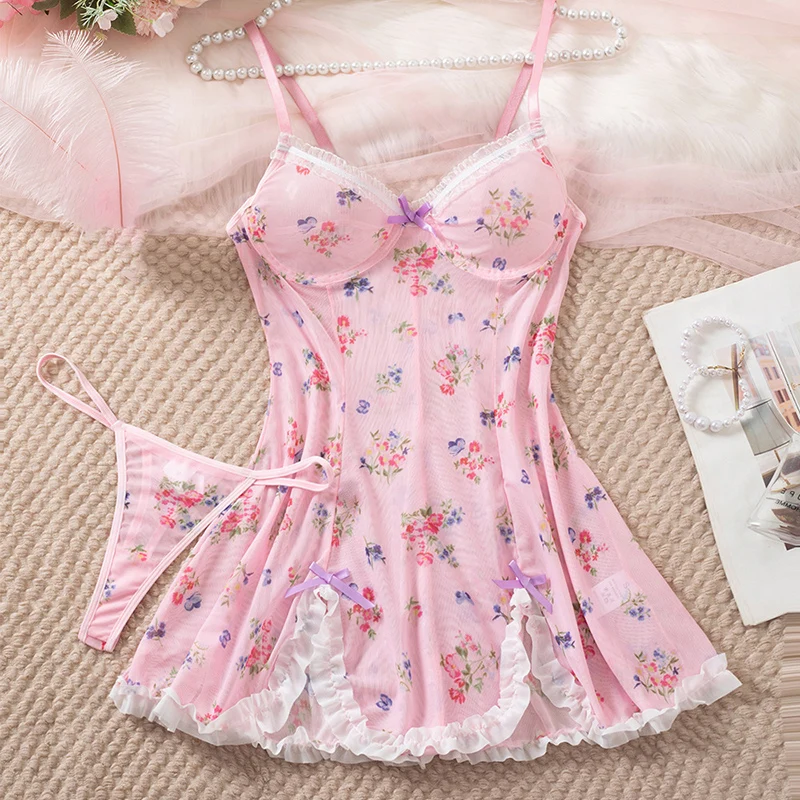 

Fairy Sexy Nightwear Women Pink Print Nightgown V-neck Slip Night Dress 2 PCS Bowknot Pajamas Dress Beautiful Ruffles Home Wear