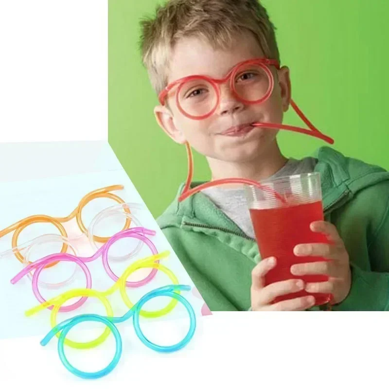 1 PC Fun soft plastic straw funny glasses flexible drinking toys party joke tube tools kids baby birthday toys