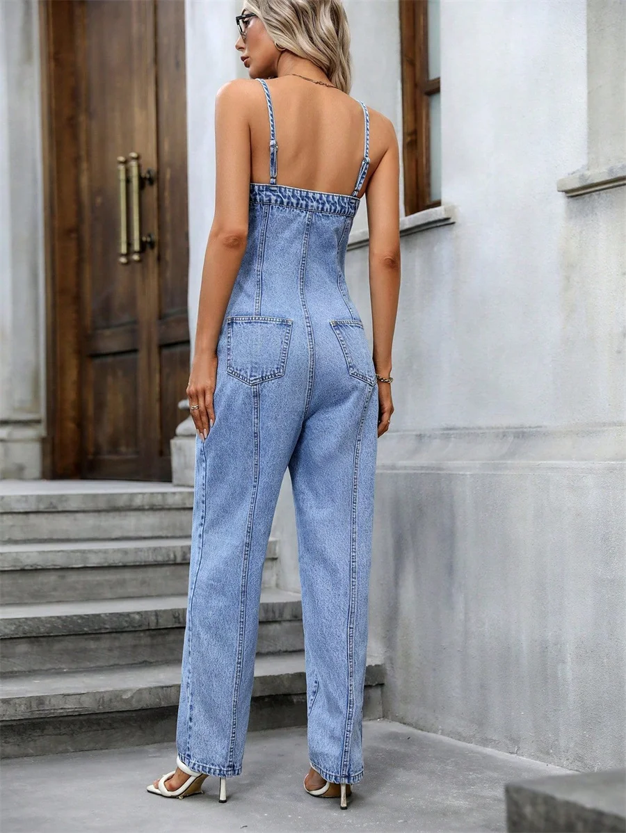 Benuynffy Vintage Half Button Cami Jumpsuit Women's Fashion Loose Sleeveless Casual Streetwear Straight Denim Jumpsuits