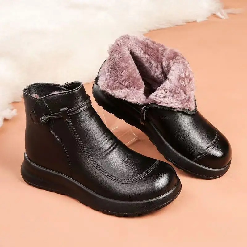 Middle Aged And Elderly Women Ankle Wool Boots Flat Sole Round Toe Thicken Plush Warm Waterproof High Top Zippers Cotton Boots