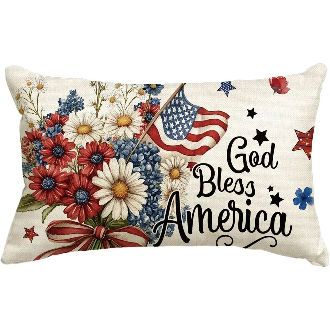 1pc God Bless America Stars and Stripes Floral  Lumbar Pillow Cover, Suitable for Sofa, Bedroom, Living Room, Patriotic Decor,