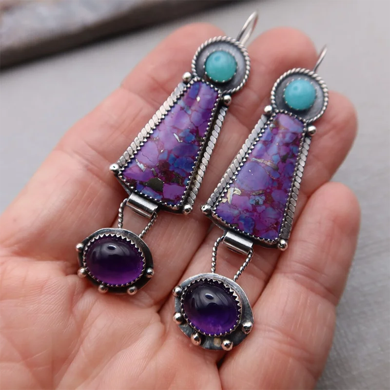 Vintage Geometric Resin Purple Stone Earrings Handmade Jewelry Tribal Silver Color Drop Dangle Earrings for Women Jewelry