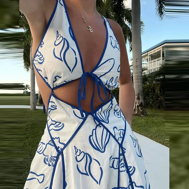 Sexy Hollow Backless Tie Up Maxi Dress 2025 Summer Fashion Blue Print Women's Dress Casual Vacation Deep V-neck Suspenders Dress