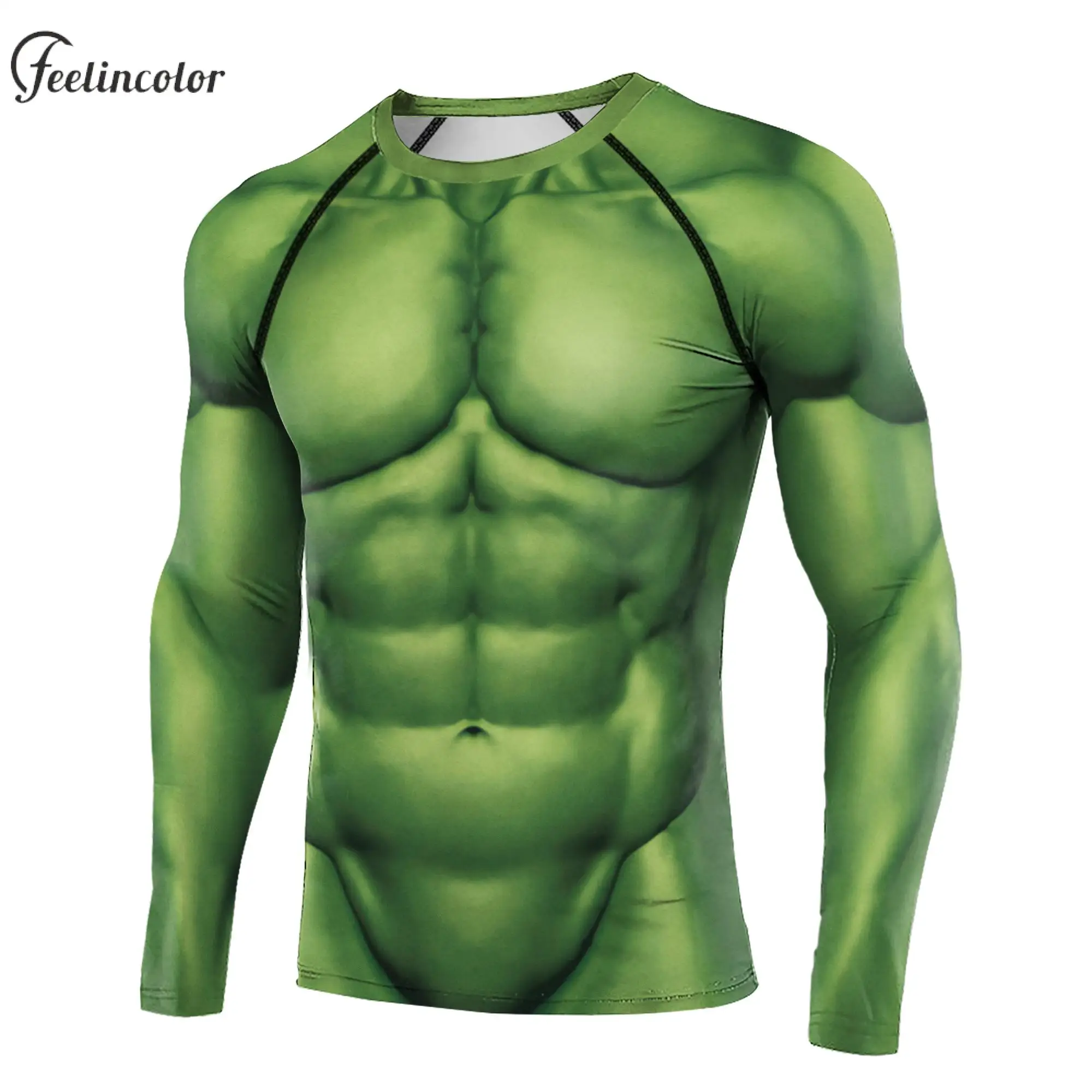 Man Compression Shirts Long Sleeve T-Shirt Male Fitness Top Crewneck Gym Clothes Elastic Anime Green Muscle Pattern Streetwear