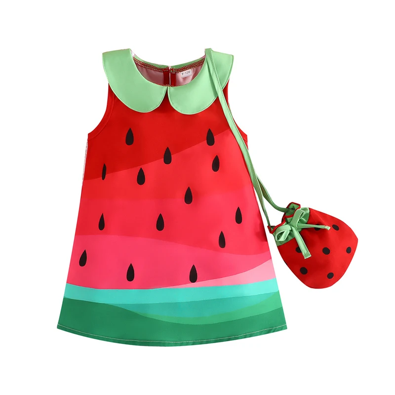 Baby Girls Dress Watermelon Print Doll Collar Sleeveless Casual Dress Summer Fashion Princess Dress with Bag