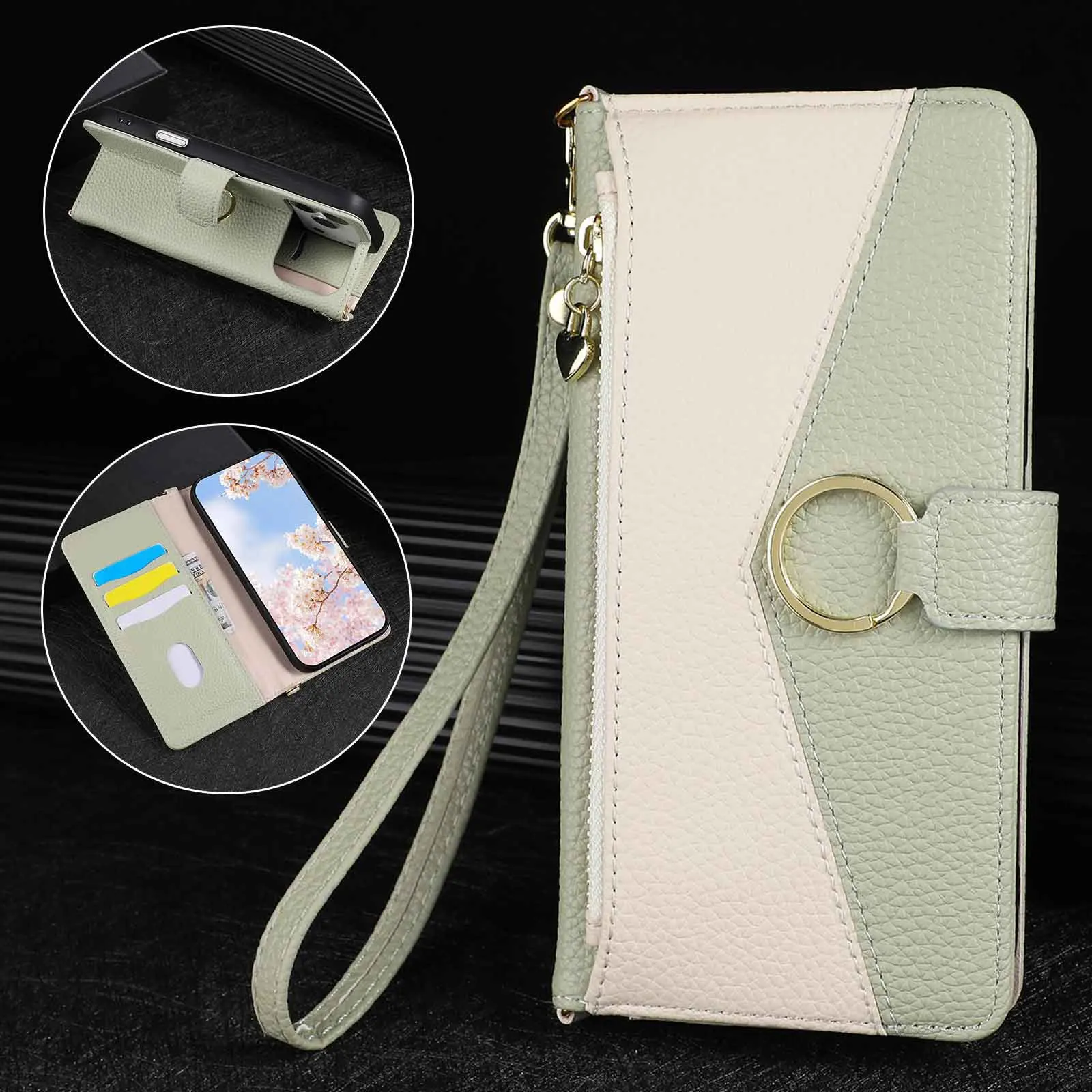 Leather Lanyard Zipper Ring Wallet Case For Samsung Galaxy Wide 6 5 A Quantum 4 Buddy 3 2 Jump Crossbody 3 Cards Slot Flip Cover