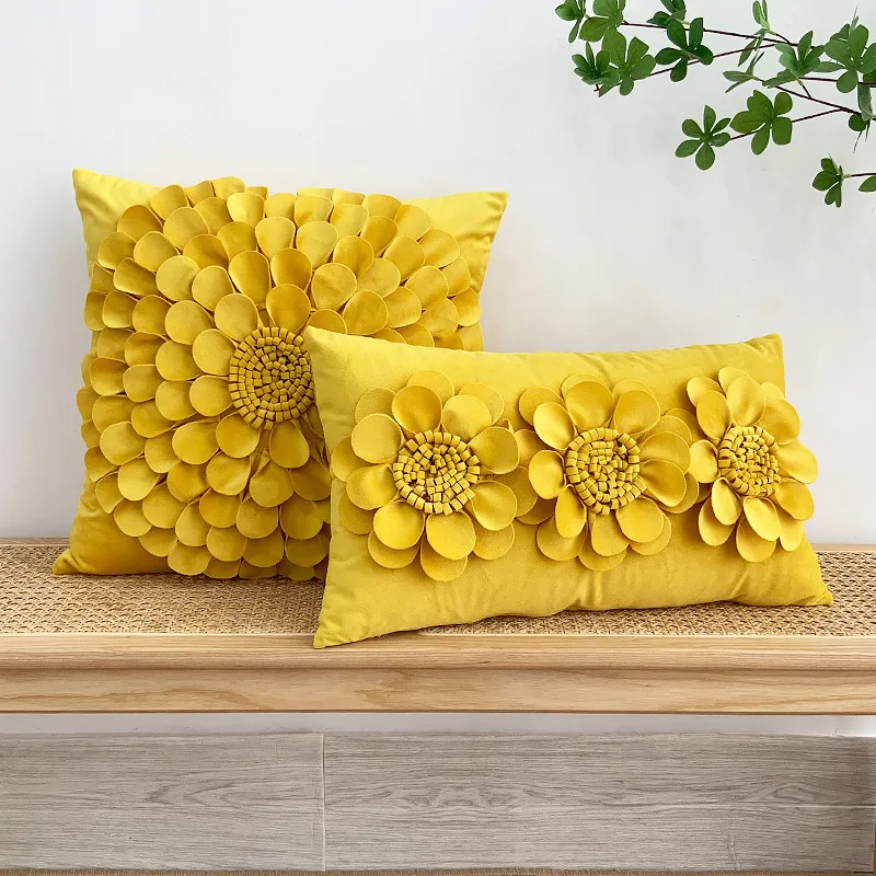 French light luxury heavy industry 3D three-dimensional flower throw pillow pure hand sewn Dutch velvet elegant solid color