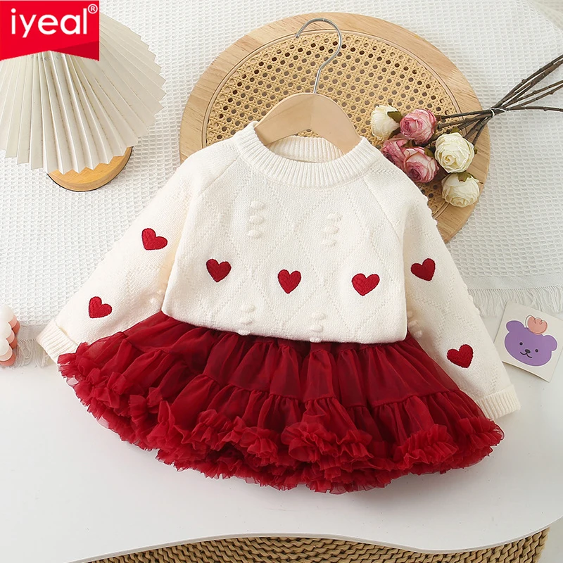 IYEAL Toddler Girl Sweet Heart Embroidery Knit Sweater + Layered Ruffle Tulle Tutu Skirt Set, Christmas New Year Party Outfit