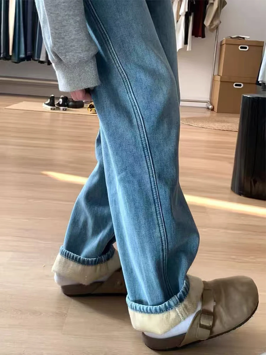 

plus Size Fce Lined Thi Denim Jeans Women Winter Pear ape Body Loose High Waist Slim Straight Wide Leg Pants