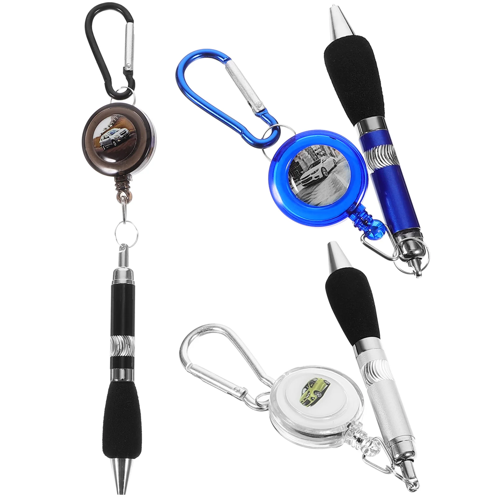 

5Pcs 3-in-1 Retractable Badge Reel Pen Set Mixed Color Blue Ink Plastic Metal Clip Carabiner Keychain Badge Reel Pen