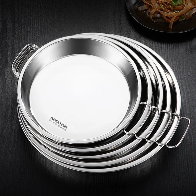 LFGB Certificated 304 Stainless Steel Kitchen Dish with 2 Side Handle Ultra Thick Seafood Steaming Plate for Banquet Tableware