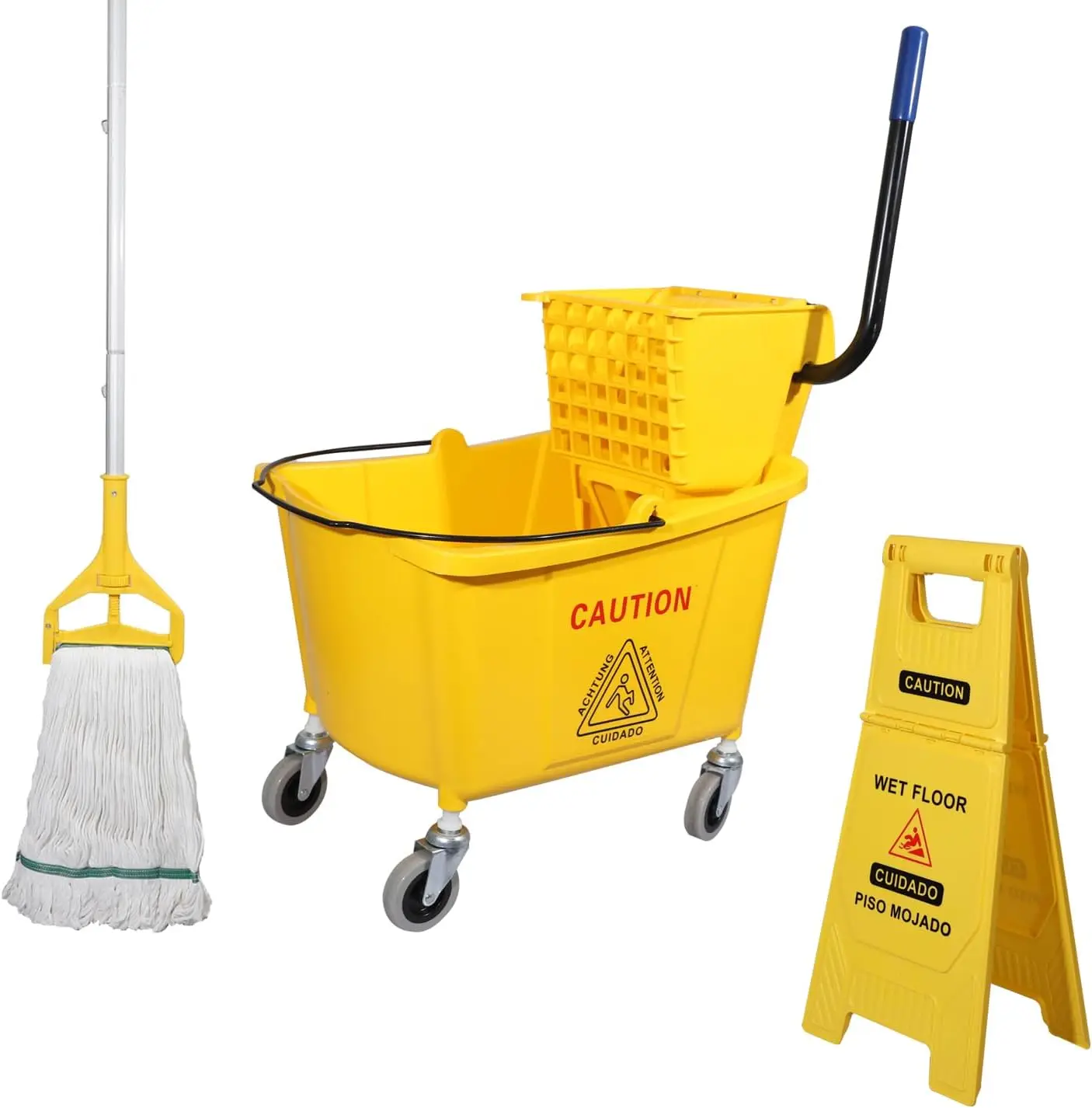 Cubo para fregona amarillo de 35 cuartos con escurridor de presión lateral, ruedas y señal de suelo mojado