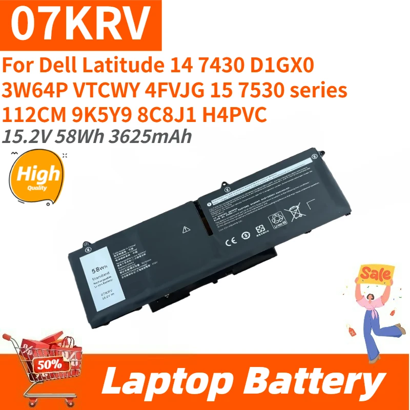 High Quality 07KRV Laptop Battery 15.2V 58Wh 3625mAh for Dell Latitude 14 7430 VTCWY 4FVJG D1GX0 3W64P 15 7530 Series Brand New