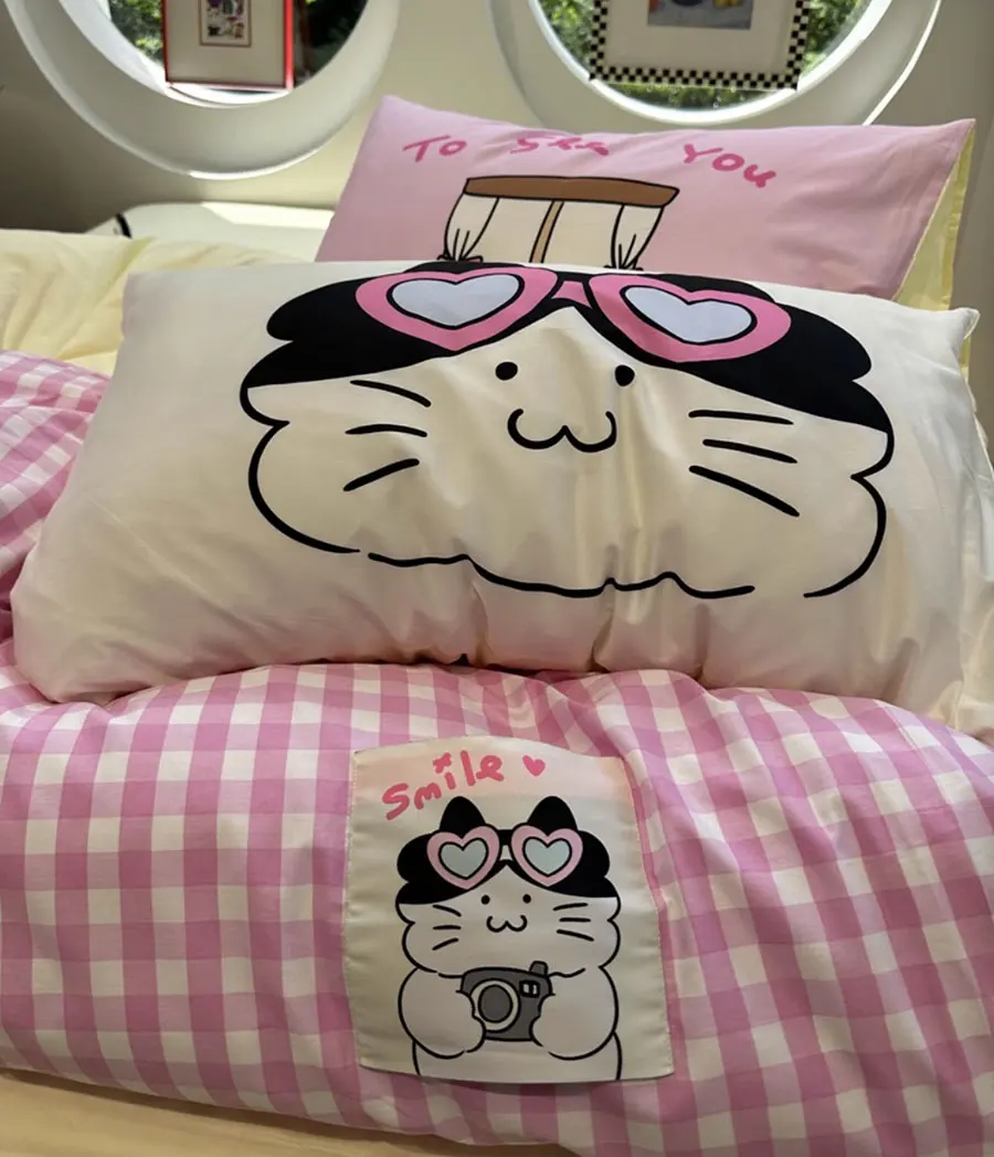 Cute cartoon cat pink plaid yellow bedding set teen,twin full queen kitten cotton home textile bed sheet pillow case quilt cover