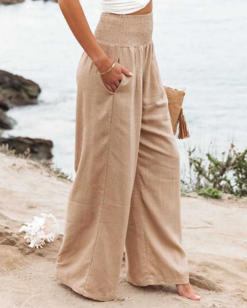 Elegant Retro Solid Baggy Pants Women Loose Elastic High Waist Pocket Vintage Linen Wide Leg Pants Streetwear Office Trousers