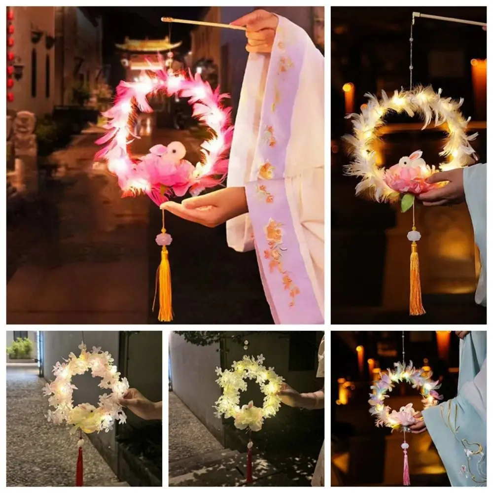 اليدوية الأطفال أرنب فانوس يده متوهجة أوسمانثوس زهرة الفوانيس النمط الصيني مضيئة ريشة الأرنب مصباح