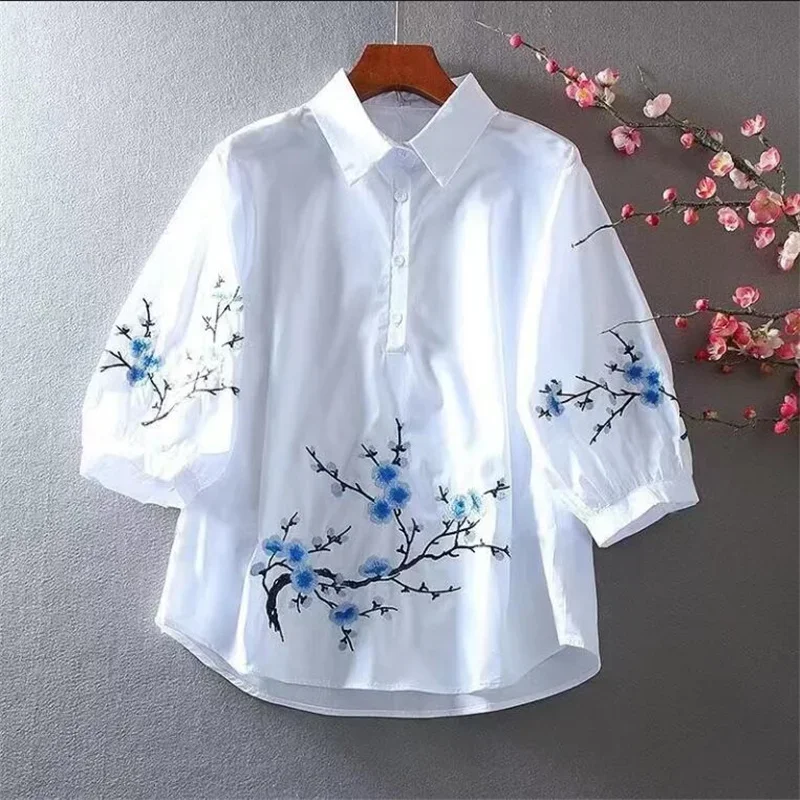 

2023 Summer New Embroidered Shirt Women Blouse Pure Cotton Top Women Loose Pullover Casual Literary Lantern Sleeve Female Shirt