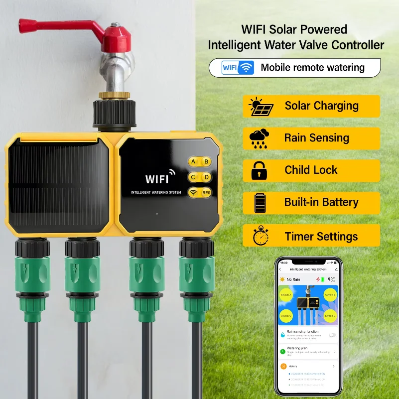 4/2 Zone WiFi Water Timer Smart Irrigation Timer Water Valve Controller Solar Powered Smart Life App 2.4GHz Auto Watering Timer