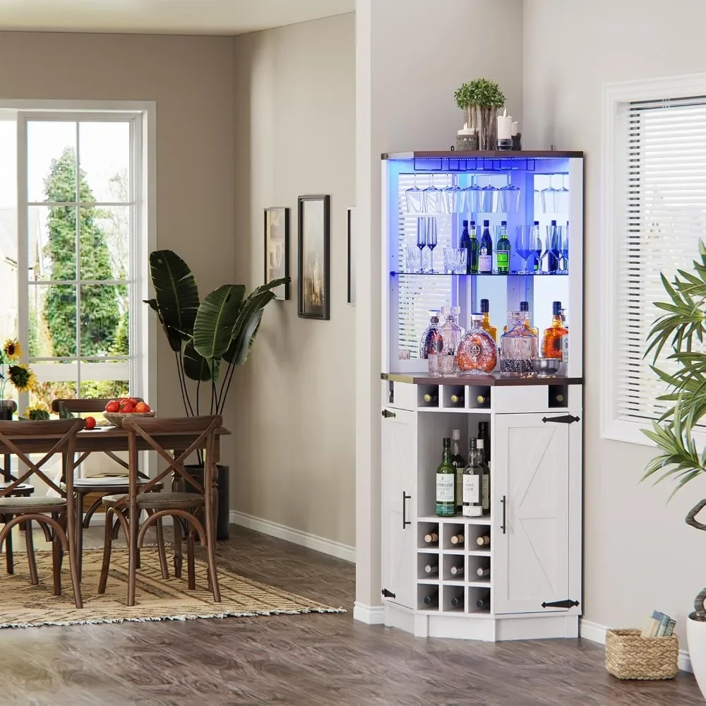 Corner bar wine cabinet, 71 inch farmhouse wine cabinet with LED light strip and glass shelf, door and adjustable shelf