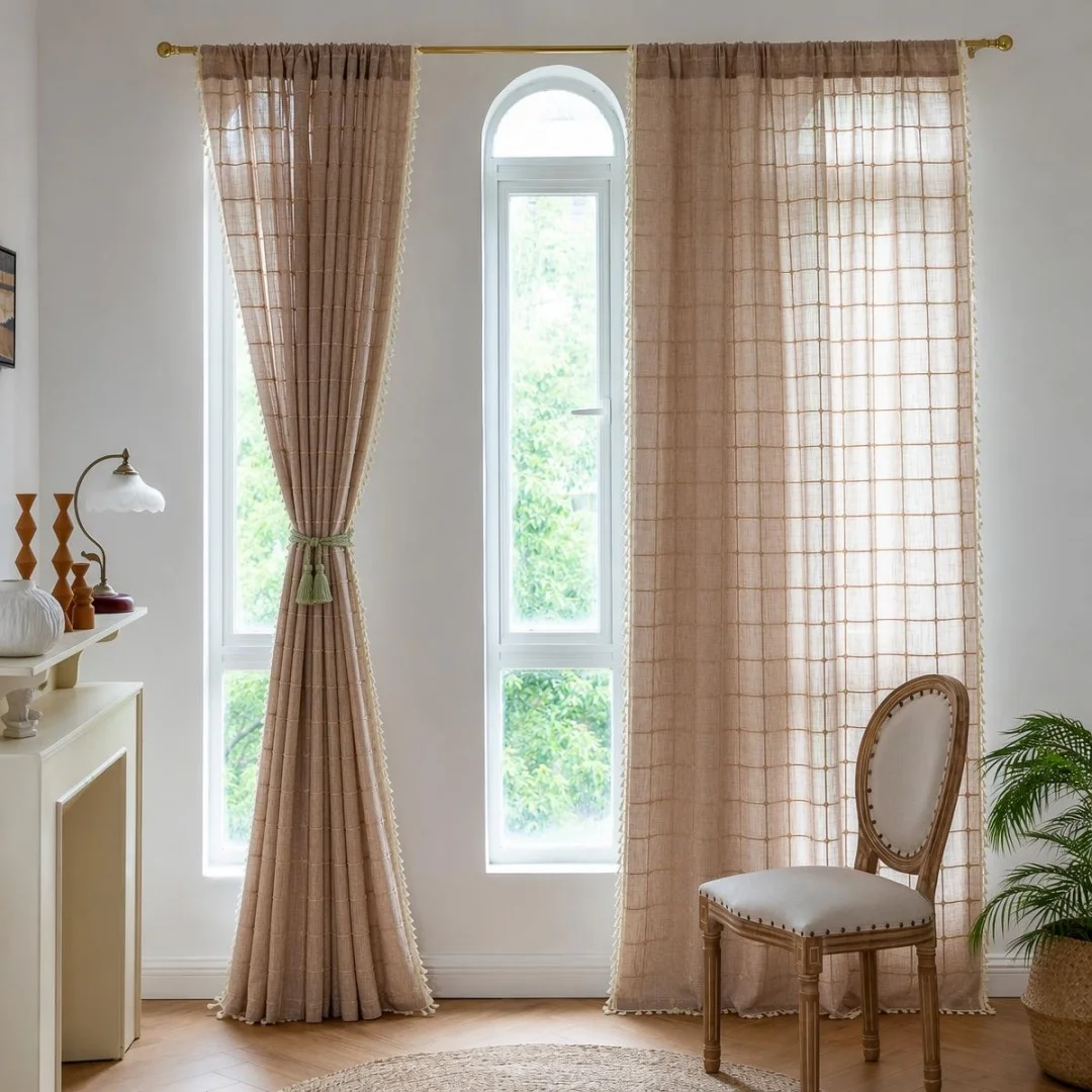 Japanese living room bedroom tassel brown Fang Gezi window screen curtain simple cotton and linen plaid window screen