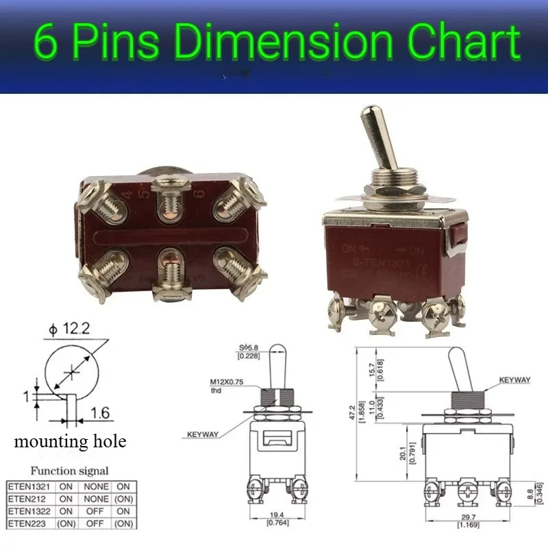 32A  Silver Contact 12MM Self-lock/Reset 250V AC ON-ON ON-OFF-ON Toggle Switch Waterproof Cap 1021 1121 1321 1322 1221 123-3 223