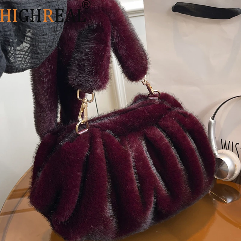 

Fluffy Plush Cloud Dumpling Bag Ruched Faux Fur Bags for Women Shoulder Bag Winter Warm Soft Crossbody Bags New Handbags Pouch