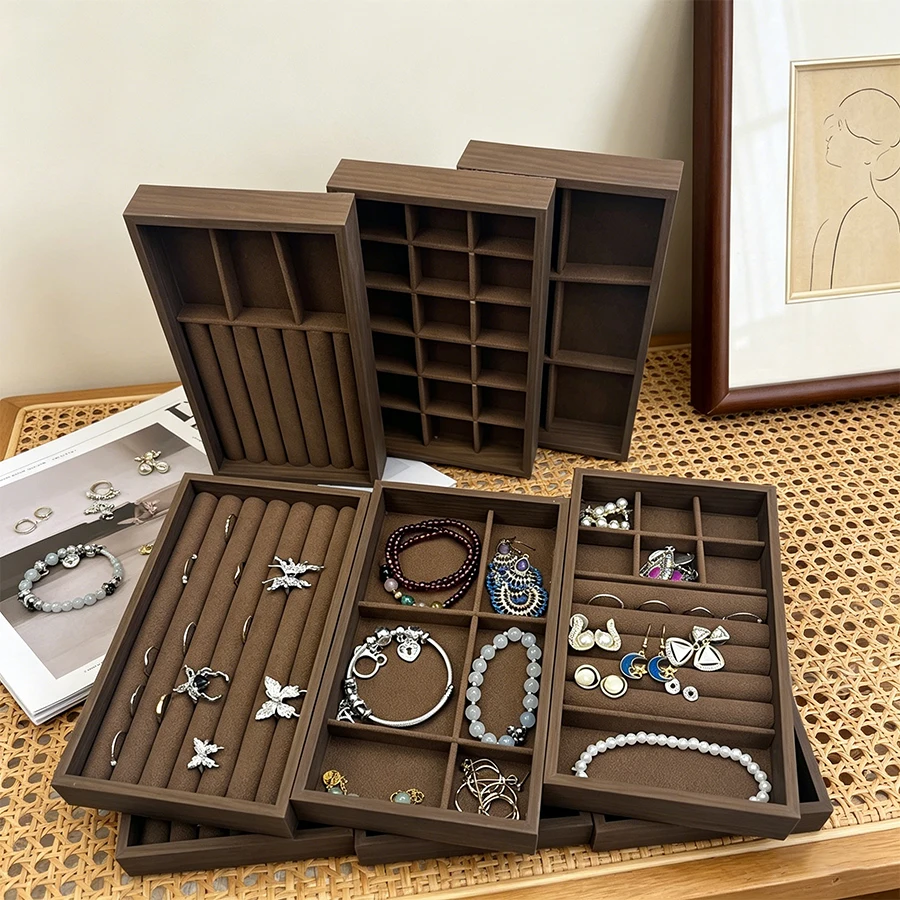 Two Trays for Jewelry, with Walnut Wood Grain Pattern, Suitable for Storing Rings and Earrings, as Well as a Display Stand for Jewelry
