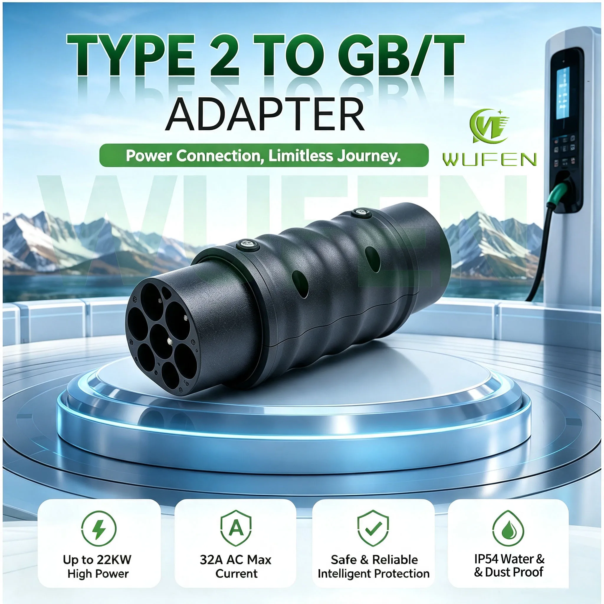 WUFEN for Chinese GBT Brand EV Charging Connector Type 2 to GB/T EV Charger Converter 3.5KW~22KW 16A~32A Type2 to GBT Adapter