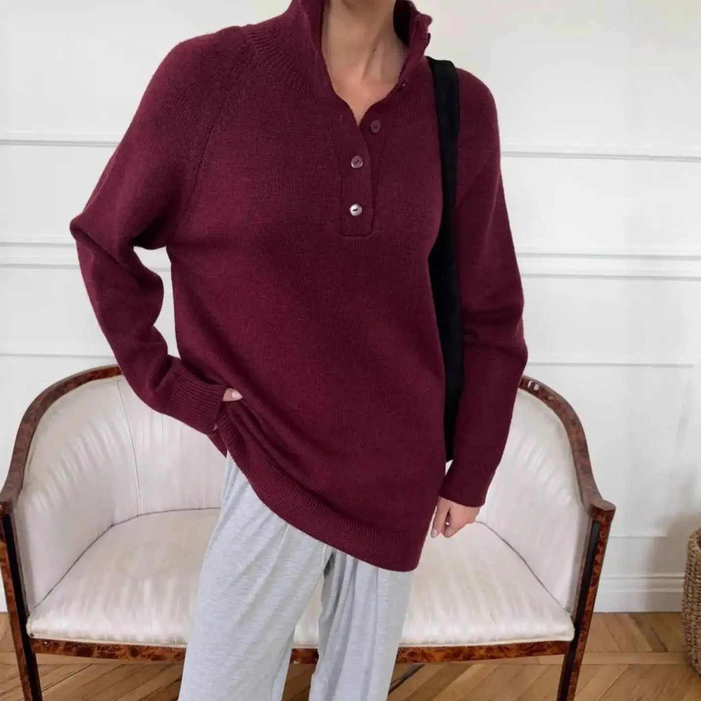 

Collar Button Stand Women's Sweater Thick Loose Casual Outerwear Knitted Top 2025 Autumn Winter Knitted Sweater