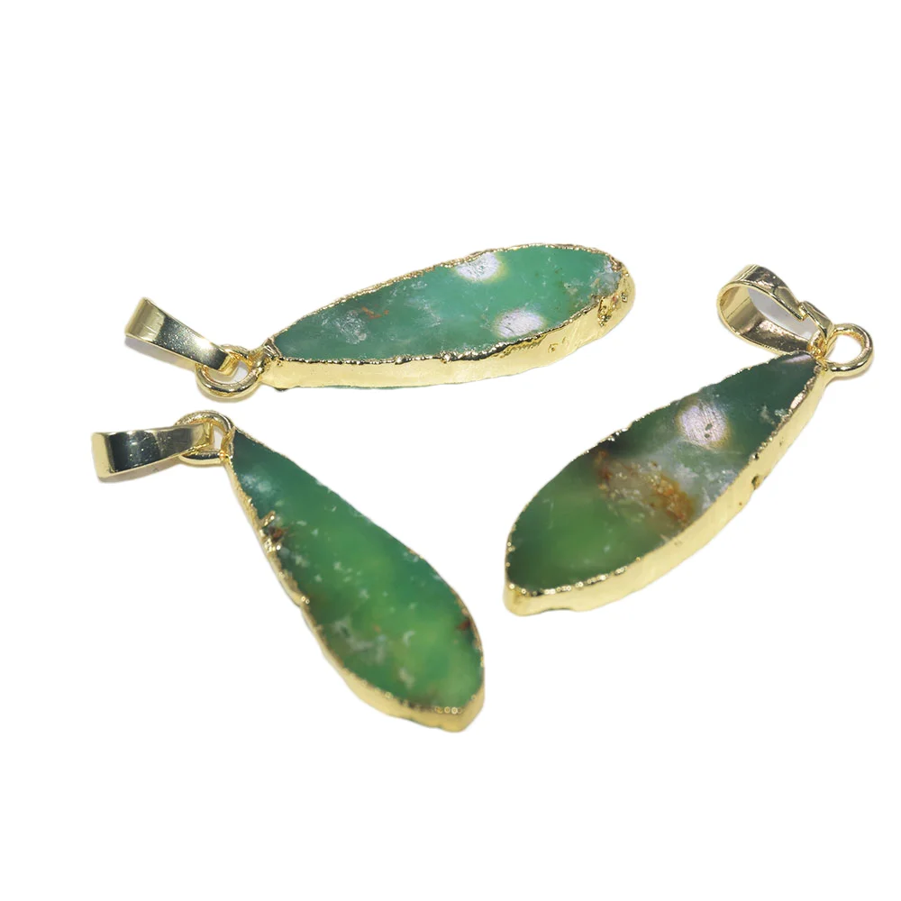 2023 Natural Jewelry Slice Long Raw Green Chrysoprase Gold Plated Point Pendant female stone water drop women accessories 5pc