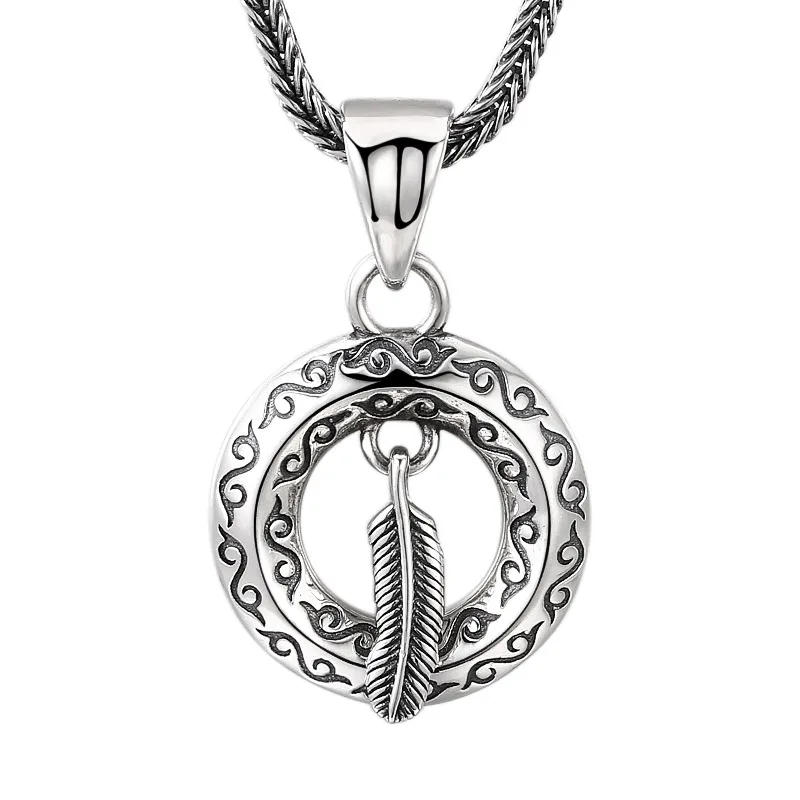 

Retro Antique Feather Pendant | 925 Sterling Silver Circular Charm | Boho Unisex Necklace Gift