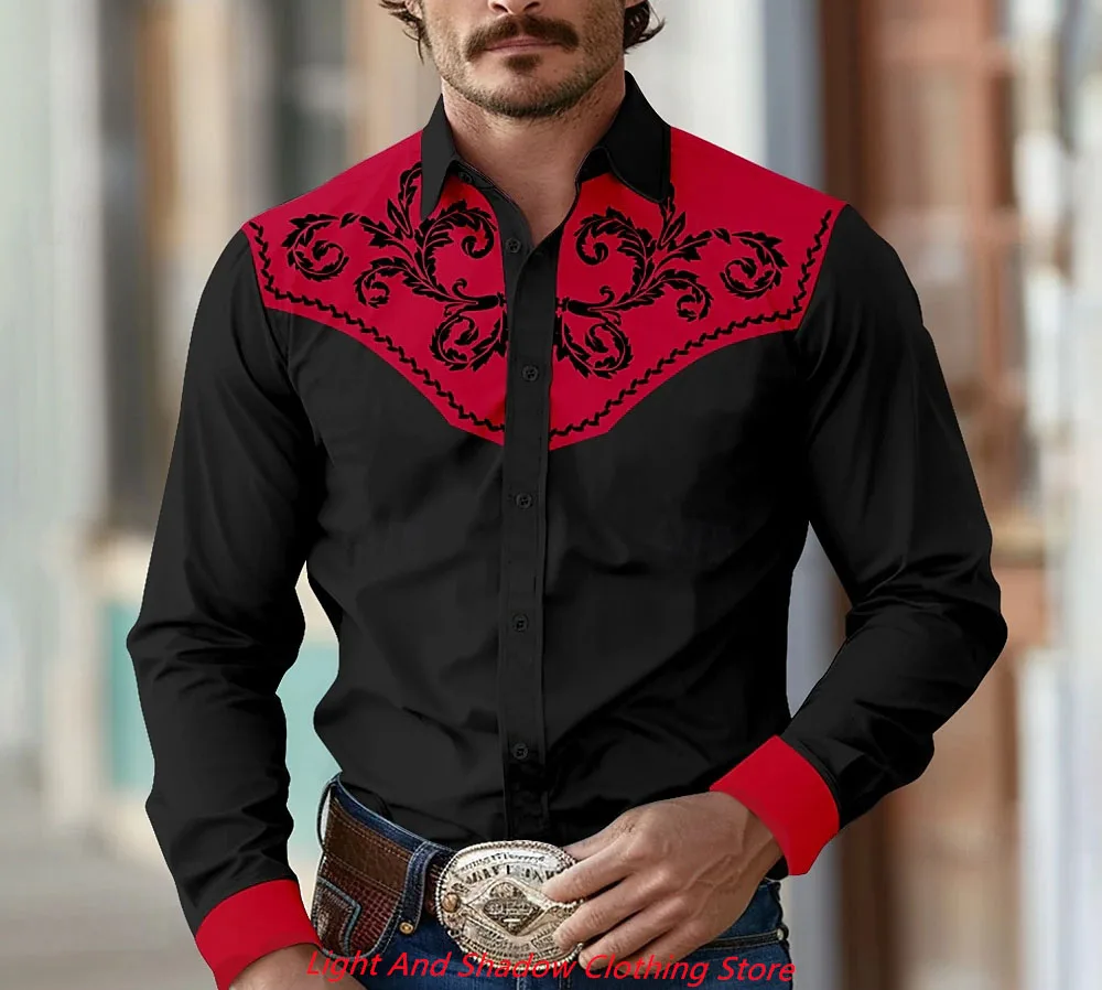 2025 Men's Flower Pattern Western Printed Shirt Cowboy Shirt Long Sleeve Casual Collar Button Men's Clothing XS-6XL
