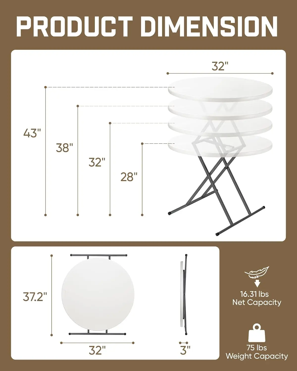 Round 32 Inch Folding Table Quick Adjust 4 Heights Party Patio One Handed Adjustable Tall Bistro Foldable Bar Height Table Cockt