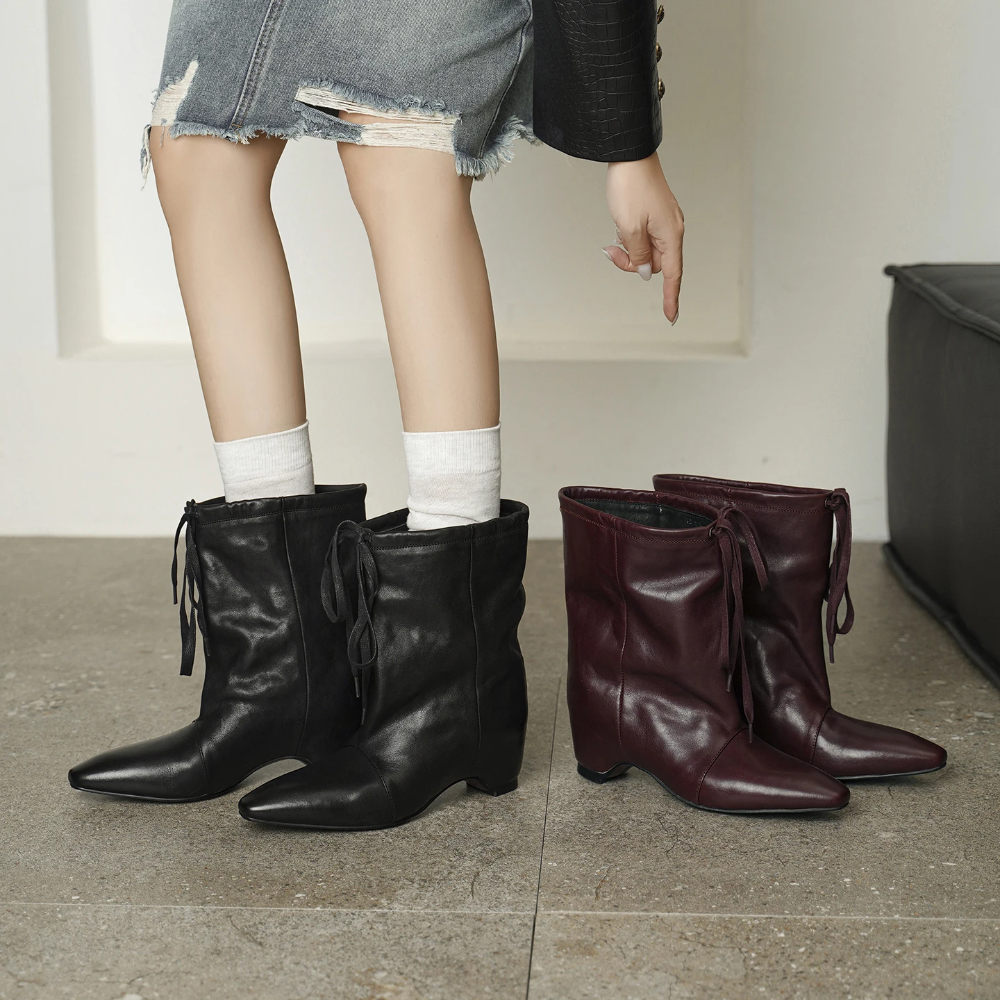 Women Vintage Washed Horse Skin Ankle Boots Pointed Toe Hidden Wedge Heel Bow Lace‑Up Retro Slip‑On Ladies Mid Calf Boots F396
