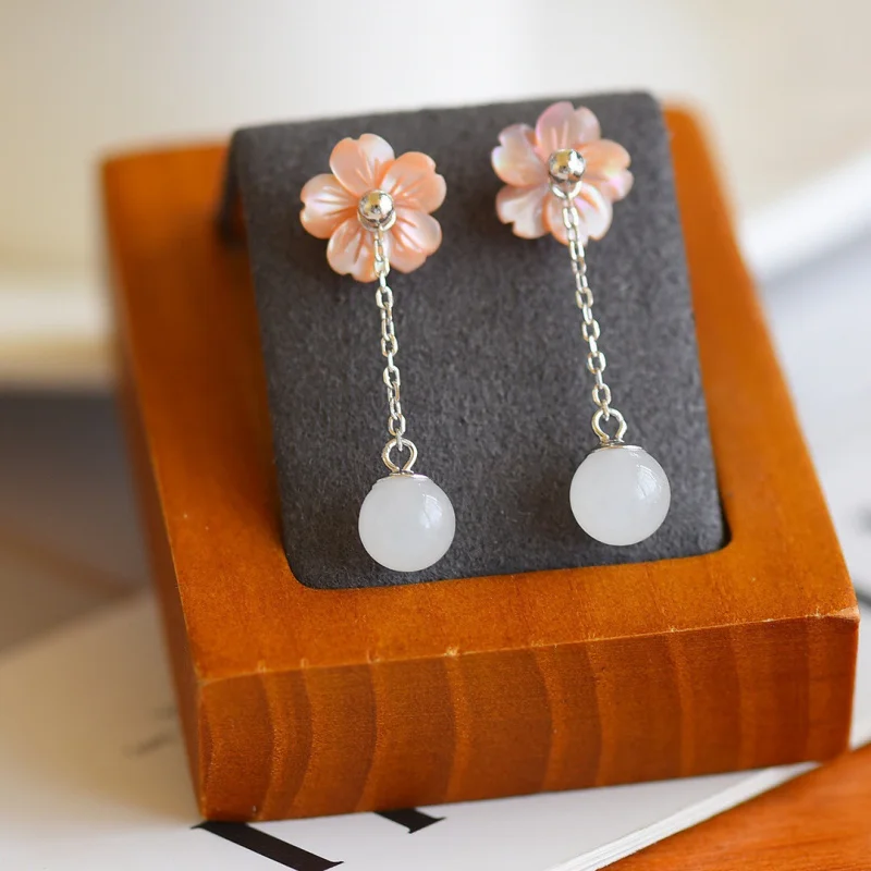 

Female Flower White Hetian Jade Ear Studs S925 Silver Bead Earrings