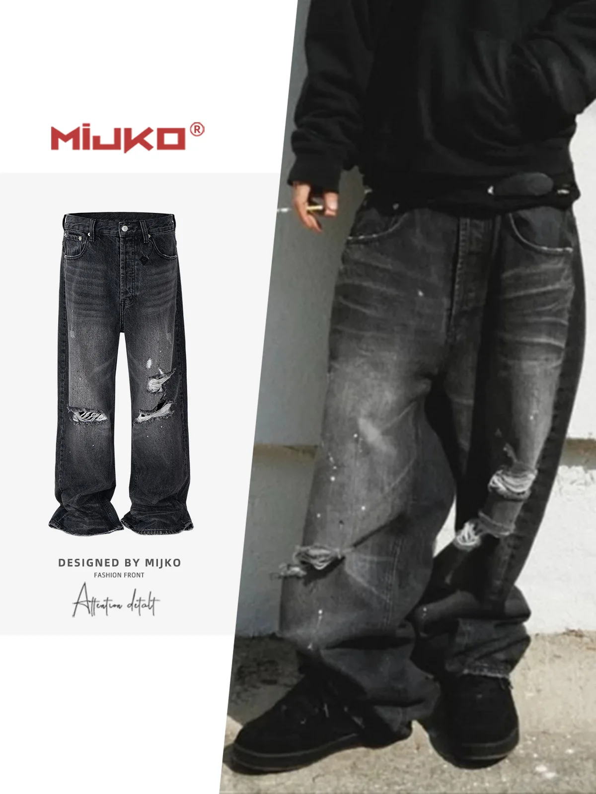

MIJKO Black Grey Damaged Hole Washed Baggy Jeans for Men ZJ065