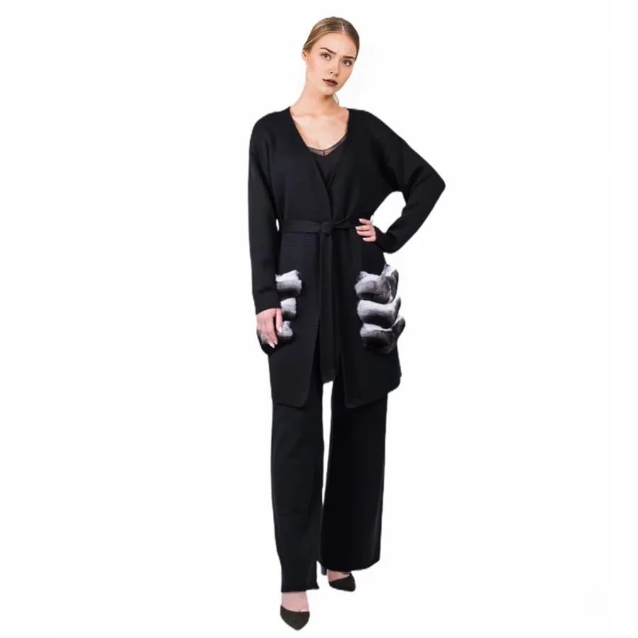 Women Fur Cardigan Cashmere Sweater Knee-Length Coat With Rex Rabbit Fur Trim Pockets