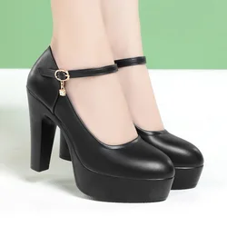 7cm 9.5cm 10.5cm Elegant Soft Leather Shoes Women's Platform Pumps Fall 2024 Block High Heels Shoes Black for Office Model Mom