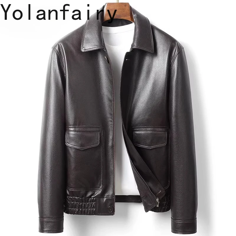 

YOLANFAIRY 100% Genuine Leather Jacket Man Clothing High Quality Real Cowhide Leather Coat Short Lapel Brown Leather Jackets