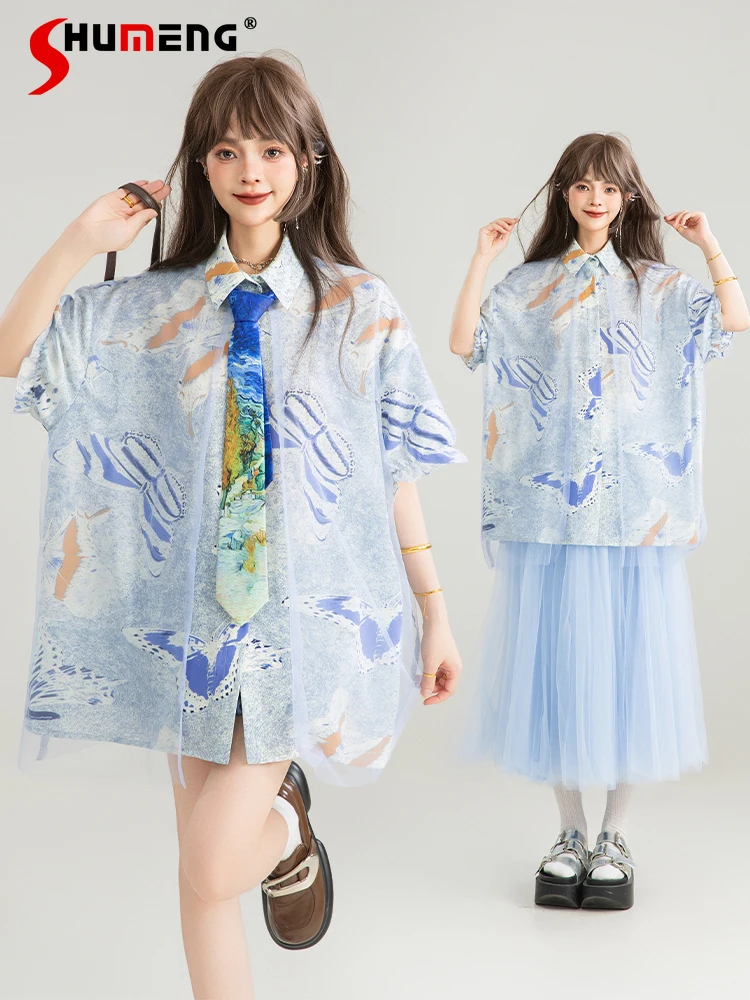 

Sweet Cool Casual Vacation Style Chiffon Blouse Polo Collar Short Sleeve Single Breasted Printed Mesh Patchwork Shirt Top Women