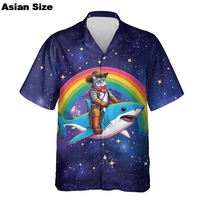 Hamburger Pizza Graphic Beach Shirt For Men Colorful Cat Planet 3D Print Hawaii 2025 Shirts Summer Loose Short Sleeve Blouses