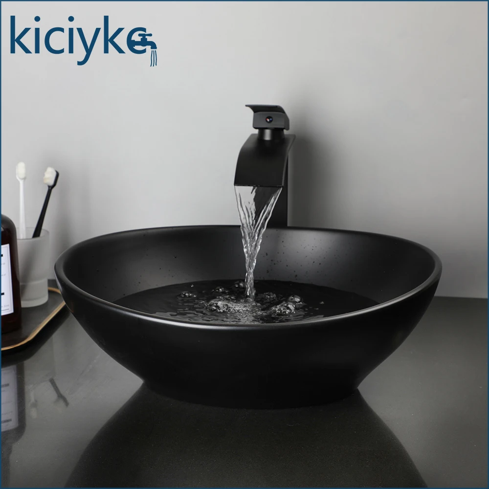 Matte Black Ceramic Vessel Sink Waterfall Faucet Set Above Counter Bathroom Art Basin with Pop Up Drain for Vanity Remodel