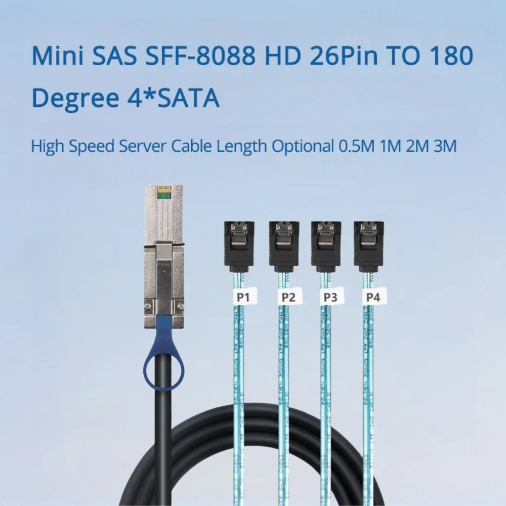 Mini SAS SFF-8088 HD 26Pin Male TO 180 Degree 4*SATA 7P Female Target/Backplane High Speed Server Connecting Cable 0.5M 1M 2M 3M