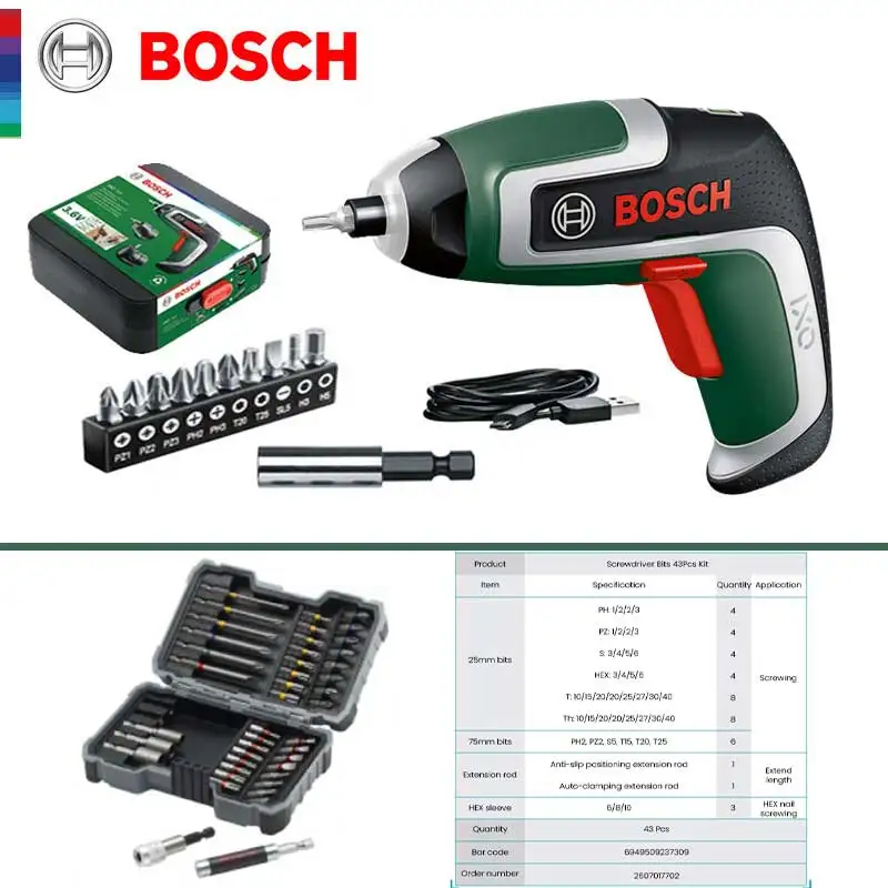 

Bosch IXO Cordless Screwdriver 7th Generation Power Tool Mini Electric Drill Screw Driver with USB Cable Screwdriver Bit Set