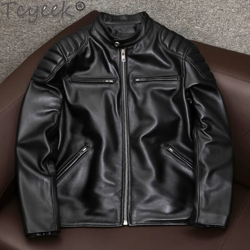 

Tcyeek New Real Sheepskin Coat Men's Motorcycle Jacket Slim Spring Genuine Leather Jackets Man Clothes Short Jaqueta De Couro
