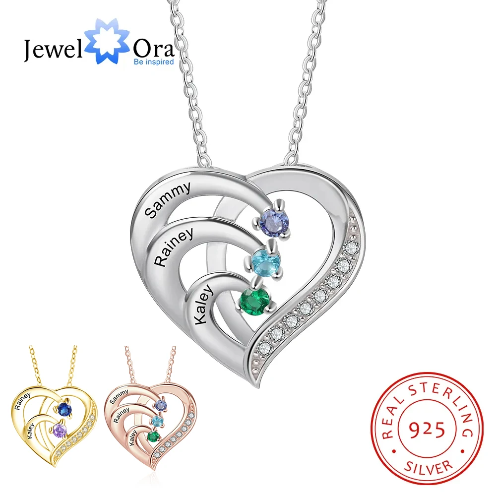 925 Sterling Silver Personalized Heart Necklace with 2-6 Birthstones Custom Engraved Name Mothers Pendant Christmas Gift for Her